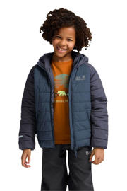 thumbnail: Donkerblauwe jongens en meisjes Jack Wolfskin gewatteerde jas Zenon van polyester met effen, lange mouwen, capuchon en rits waterdicht
