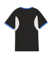 thumbnail: Zwart, wit en blauwe jongens en meisjes Puma voetbalshirt van polyester met meerkleurige print, korte mouwen en ronde hals