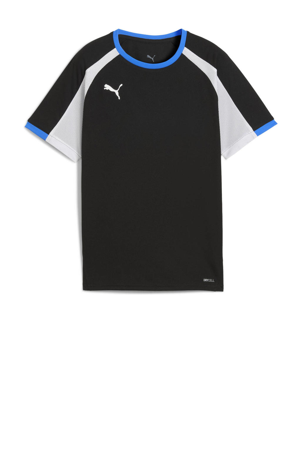 Zwart, wit en blauwe jongens en meisjes Puma voetbalshirt van polyester met meerkleurige print, korte mouwen en ronde hals