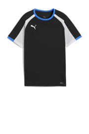 thumbnail: Zwart, wit en blauwe jongens en meisjes Puma voetbalshirt van polyester met meerkleurige print, korte mouwen en ronde hals