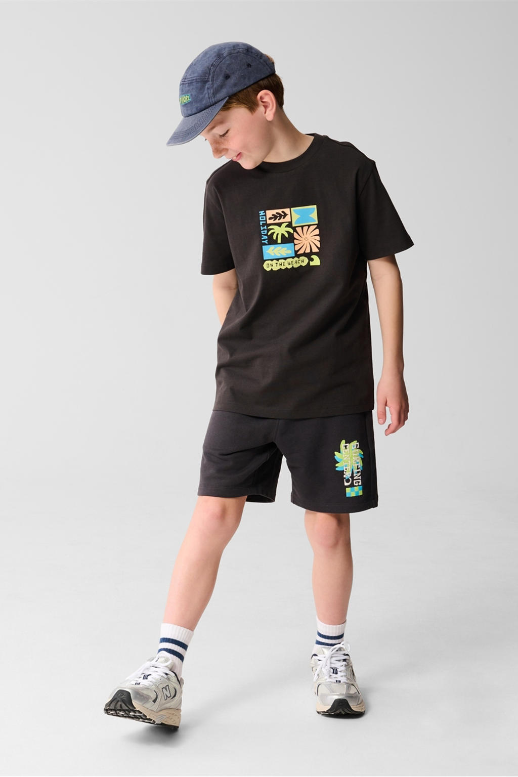 Antraciete jongens Shoeby T-shirt van katoen met printopdruk, korte mouwen en ronde hals