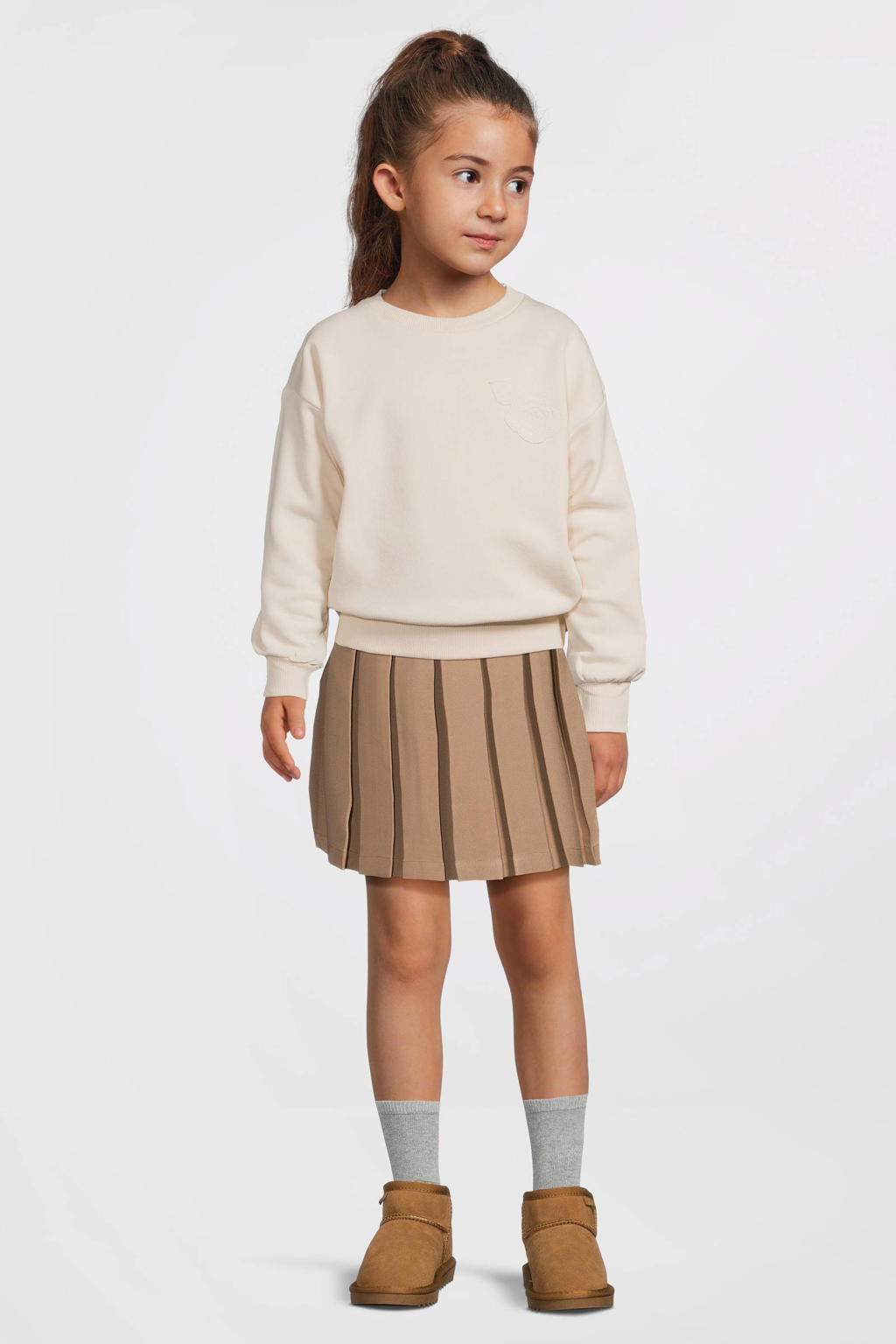 Ecru meisjes LEVV sweater van katoen met effen, lange mouwen, ronde hals en geribde boorden