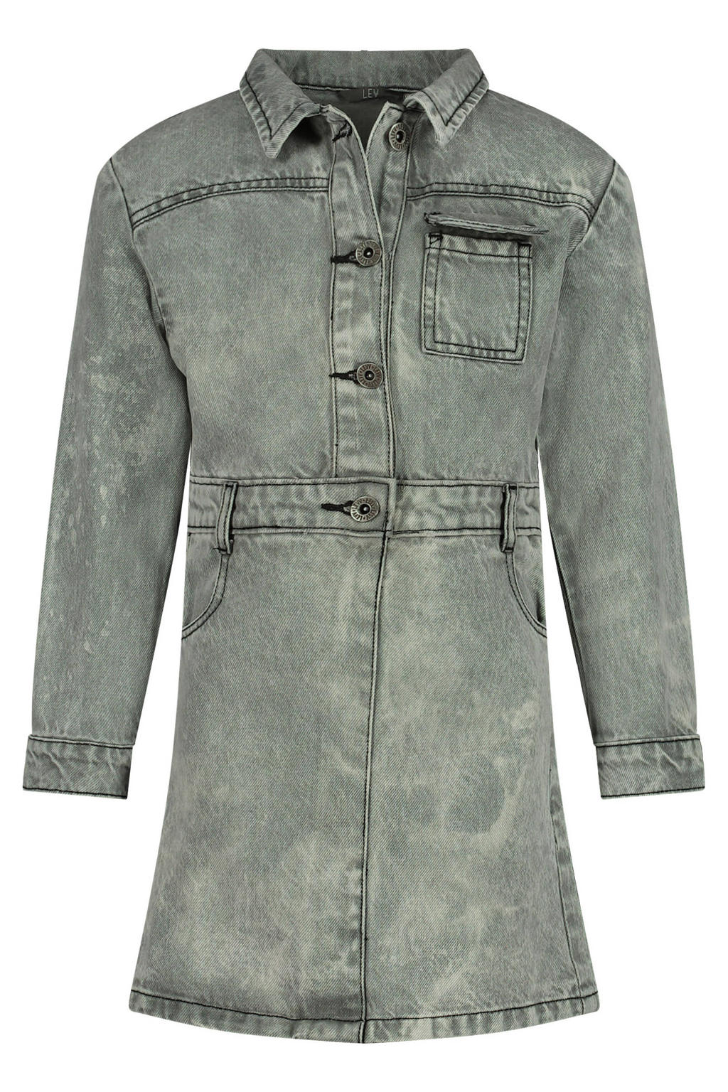 Grey denim meisjes LEVV spijkerjurk van katoen met effen, lange mouwen, klassieke kraag en knoopsluiting