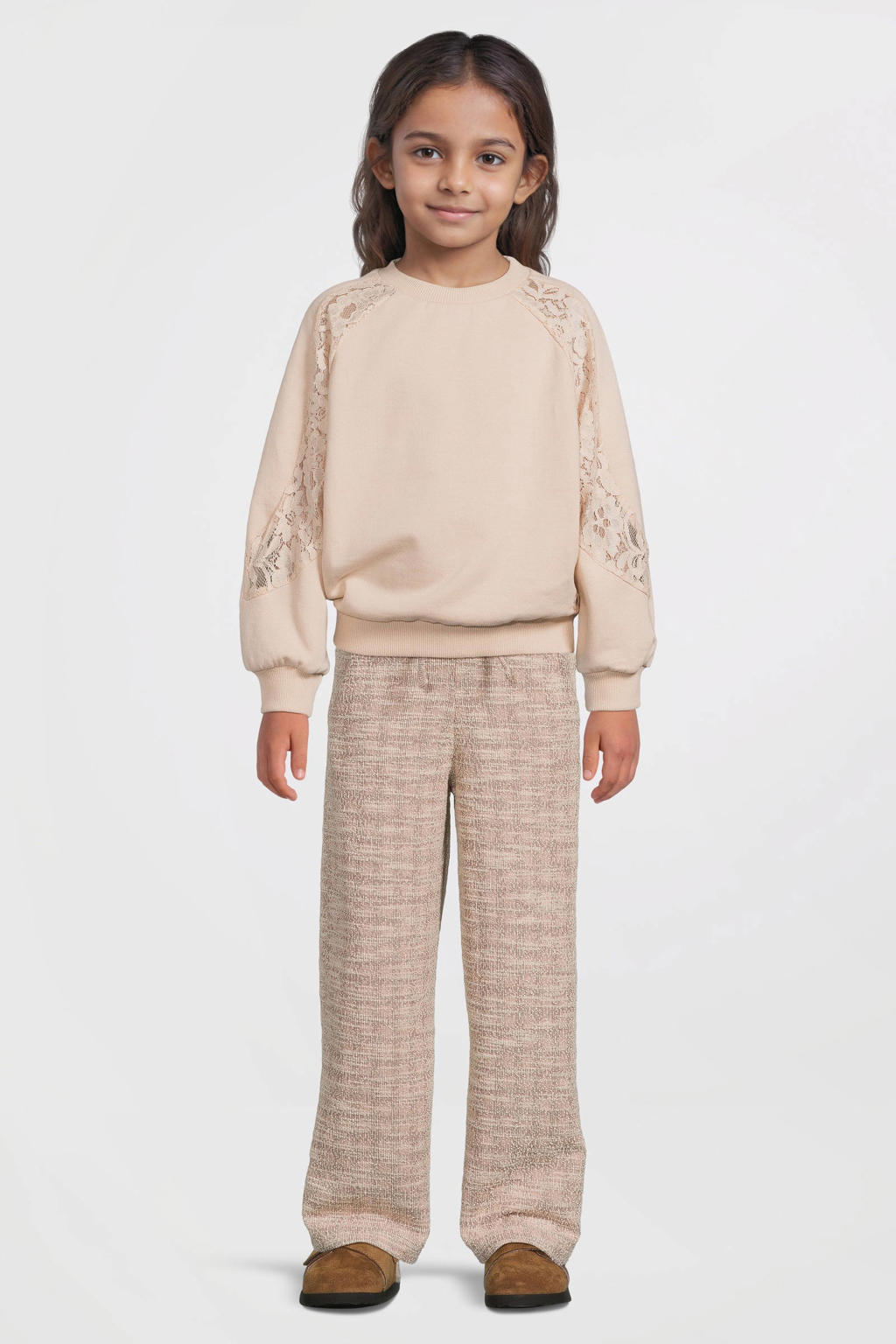 Ecru meisjes LEVV sweater van katoen met effen, lange mouwen, ronde hals en elastische boord