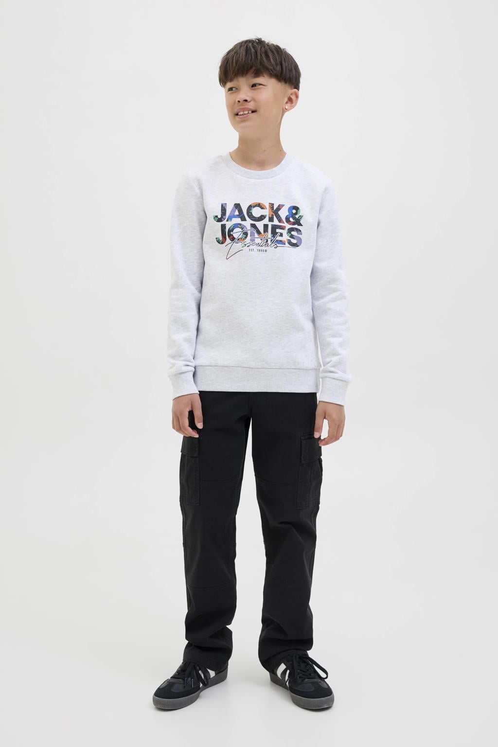 Witte jongens JACK & JONES JUNIOR sweater met logo dessin, lange mouwen, ronde hals en geribde boorden