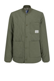 thumbnail: Olijfgroene jongens JACK & JONES JUNIOR tussenjas van polyamide met effen, lange mouwen, opstaande kraag, rits- en drukknoopsluiting en quilted