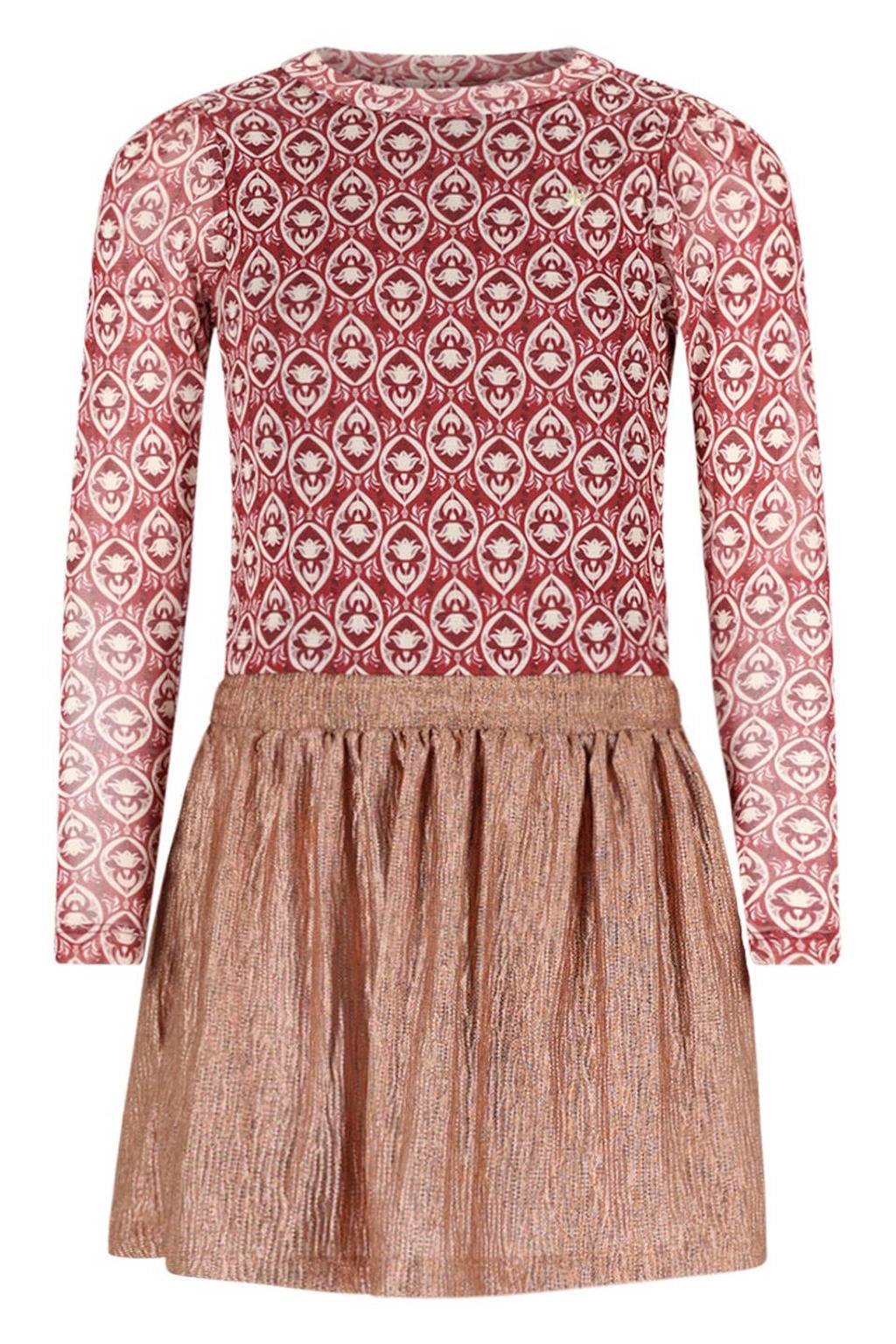 Rood en bruine meisjes Like Flo midi jurk van polyester met lange mouwen, ronde hals en elastische tailleband