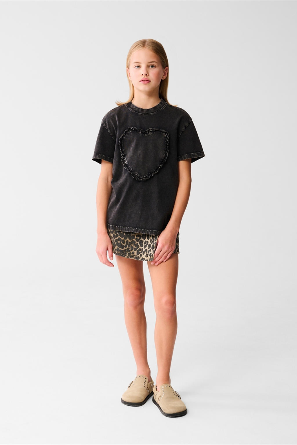 Antraciete meisjes Shoeby T-shirt van katoen met effen, korte mouwen, ronde hals en 3D applicatie