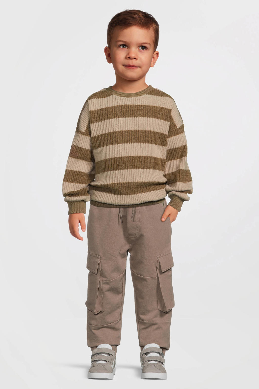 Bruin en beige jongens LEVV Little gebreide trui van katoen met strepenprint, lange mouwen, ronde hals, drukknoopsluiting en elastische boord