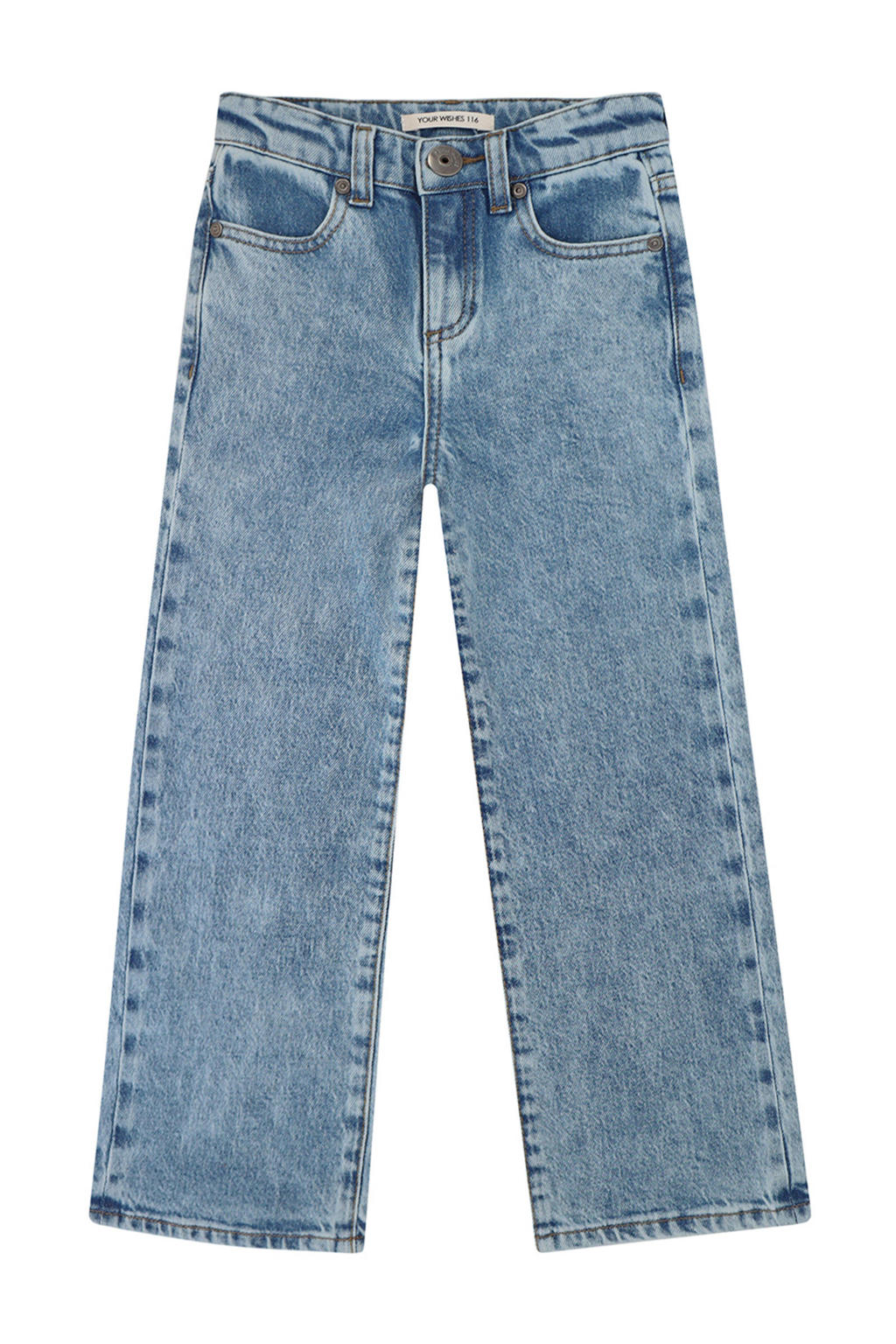 Medium blue denim meisjes Your Wishes jeans van denim met wijde pijpen, regular waist, rits- en knoopsluiting en meerkleurige print