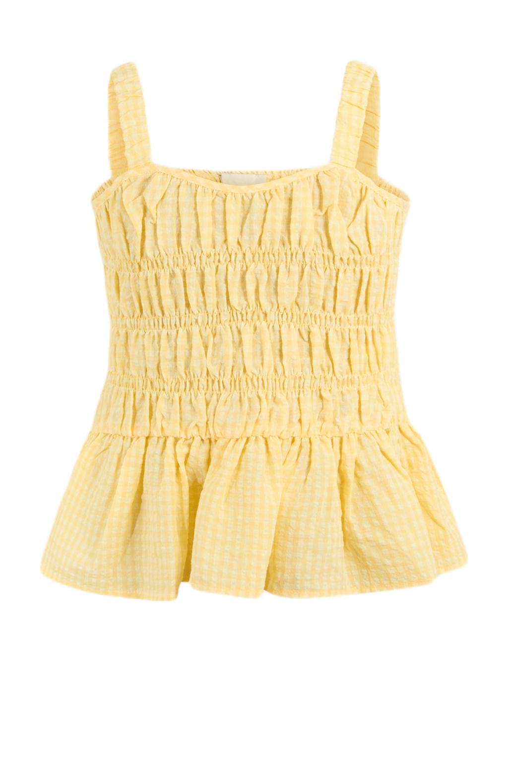 Lichtgele meisjes Shoeby mouwloze top van katoen met ruitenprint, vierkante hals en peplum