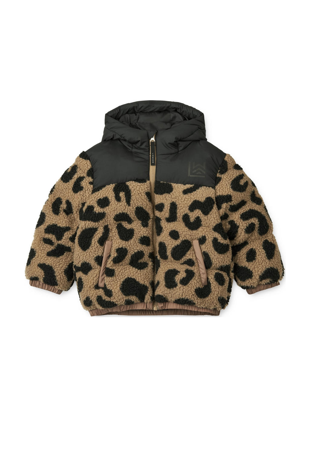 Bruin en zwarte jongens en meisjes Liewood teddy jas met dierenprint, lange mouwen, capuchon en ritssluiting