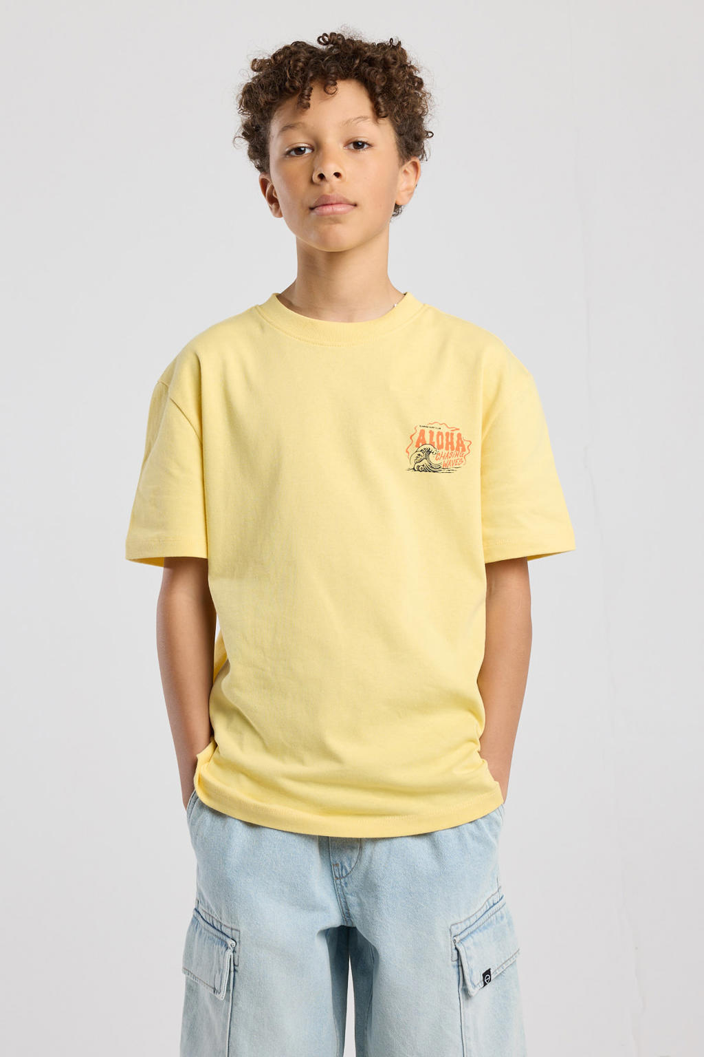 Lichtgele jongens America Today T-shirt van katoen met backprint, korte mouwen en ronde hals