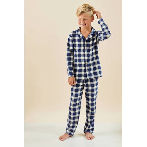Little Label pyjama met donkerblauw geruite print Jongens Stretchkatoen Klassieke kraag