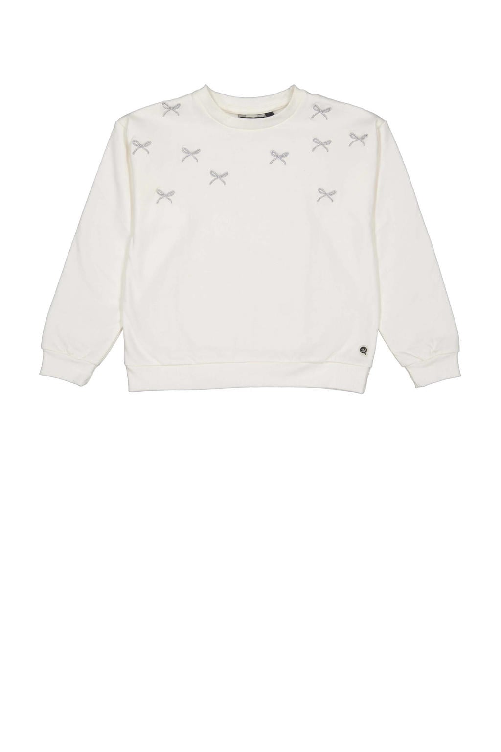 Witte meisjes Quapi sweater met effen, lange mouwen, ronde hals, drukknoopsluiting en borduursels