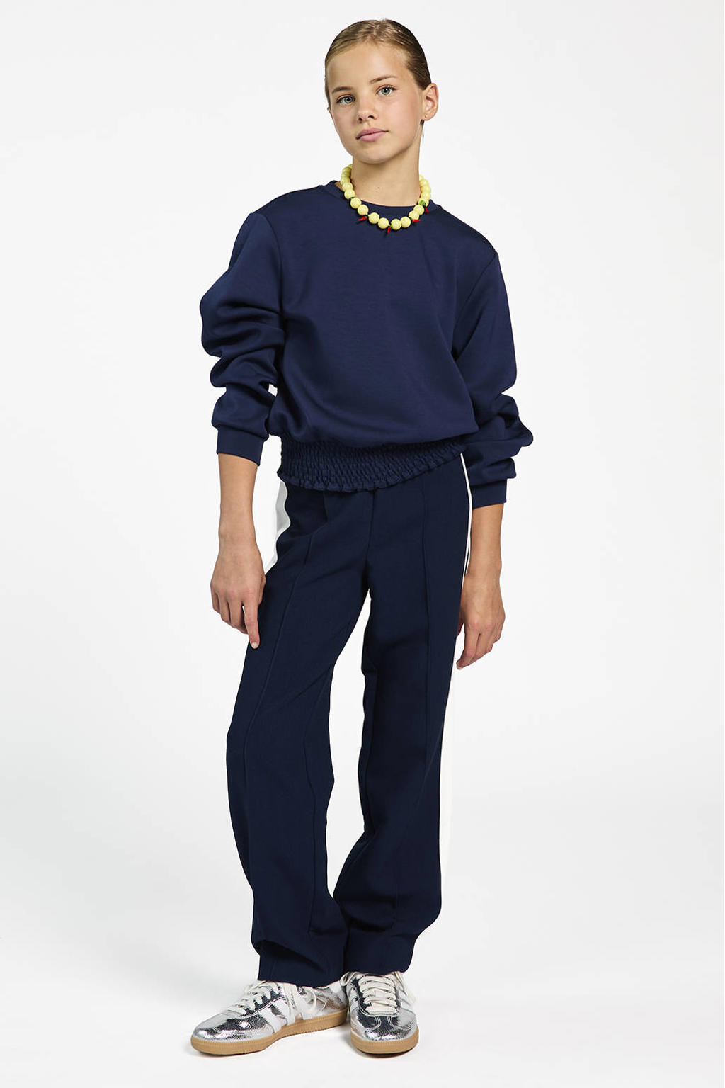 Blauwe meisjes AI&KO loose casual broek van polyester met elastische tailleband en effen
