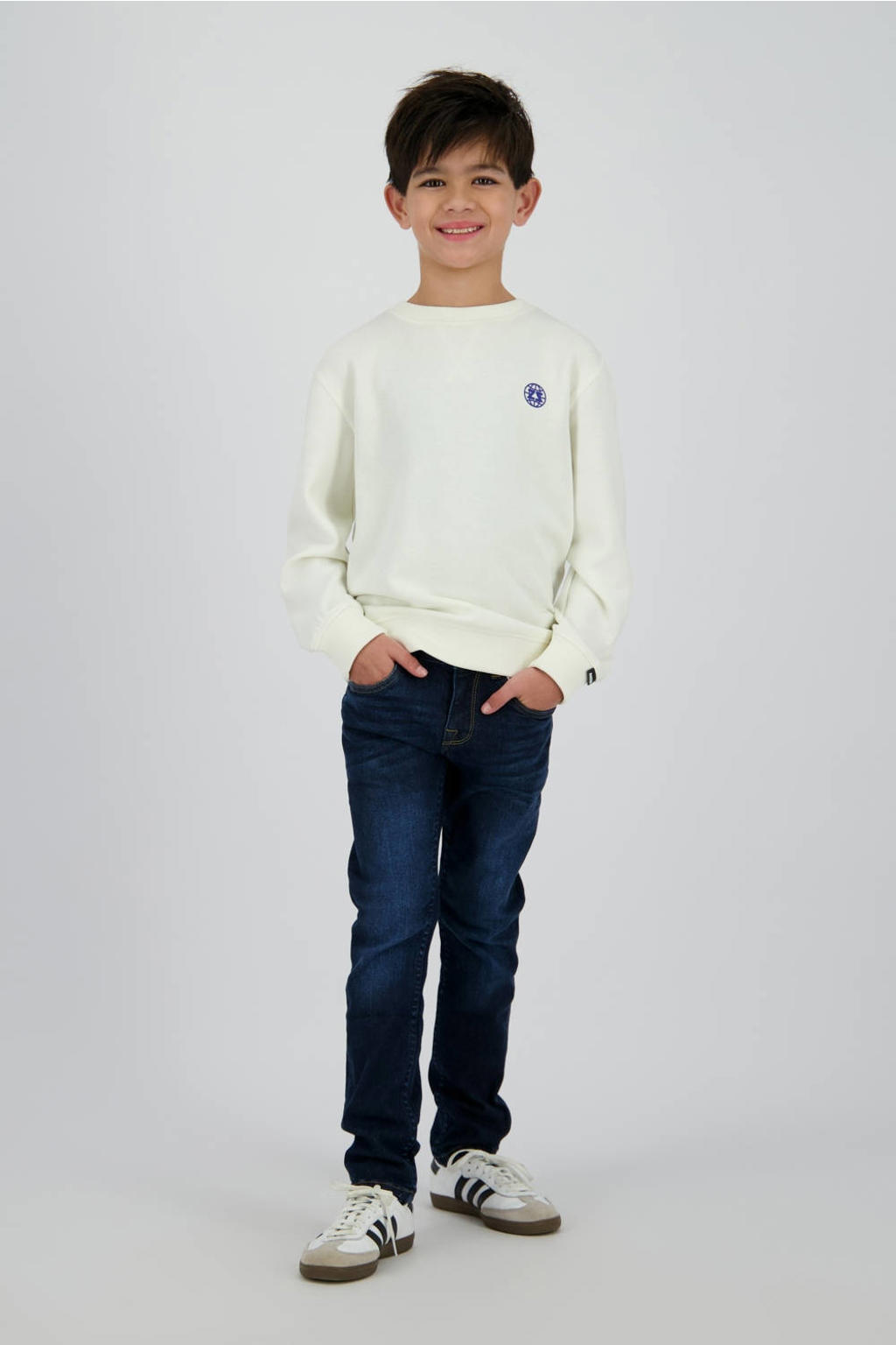 Ecru jongens Raizzed sweater van katoen met backprint, lange mouwen, ronde hals en geribde boorden
