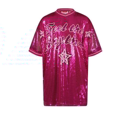 Vingino t-shirtjurk met pailletten fuchsia Roze Meisjes Polyester V-hals