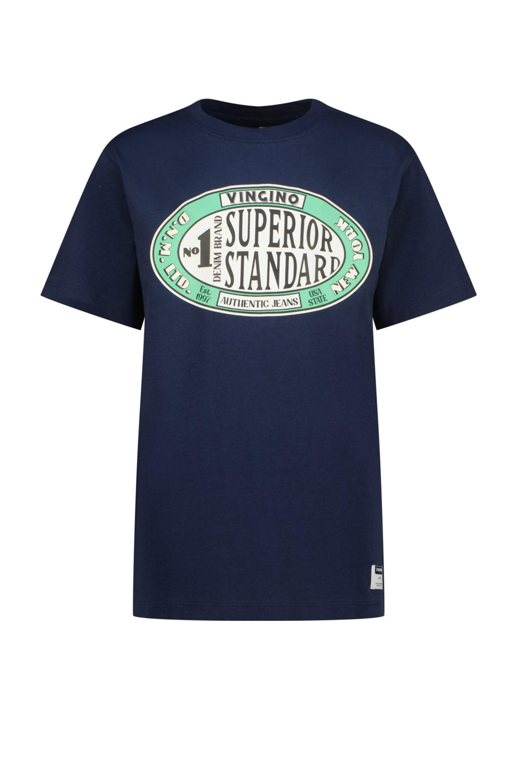 Donkerblauwe jongens Vingino T-shirt van katoen met printopdruk, korte mouwen en ronde hals