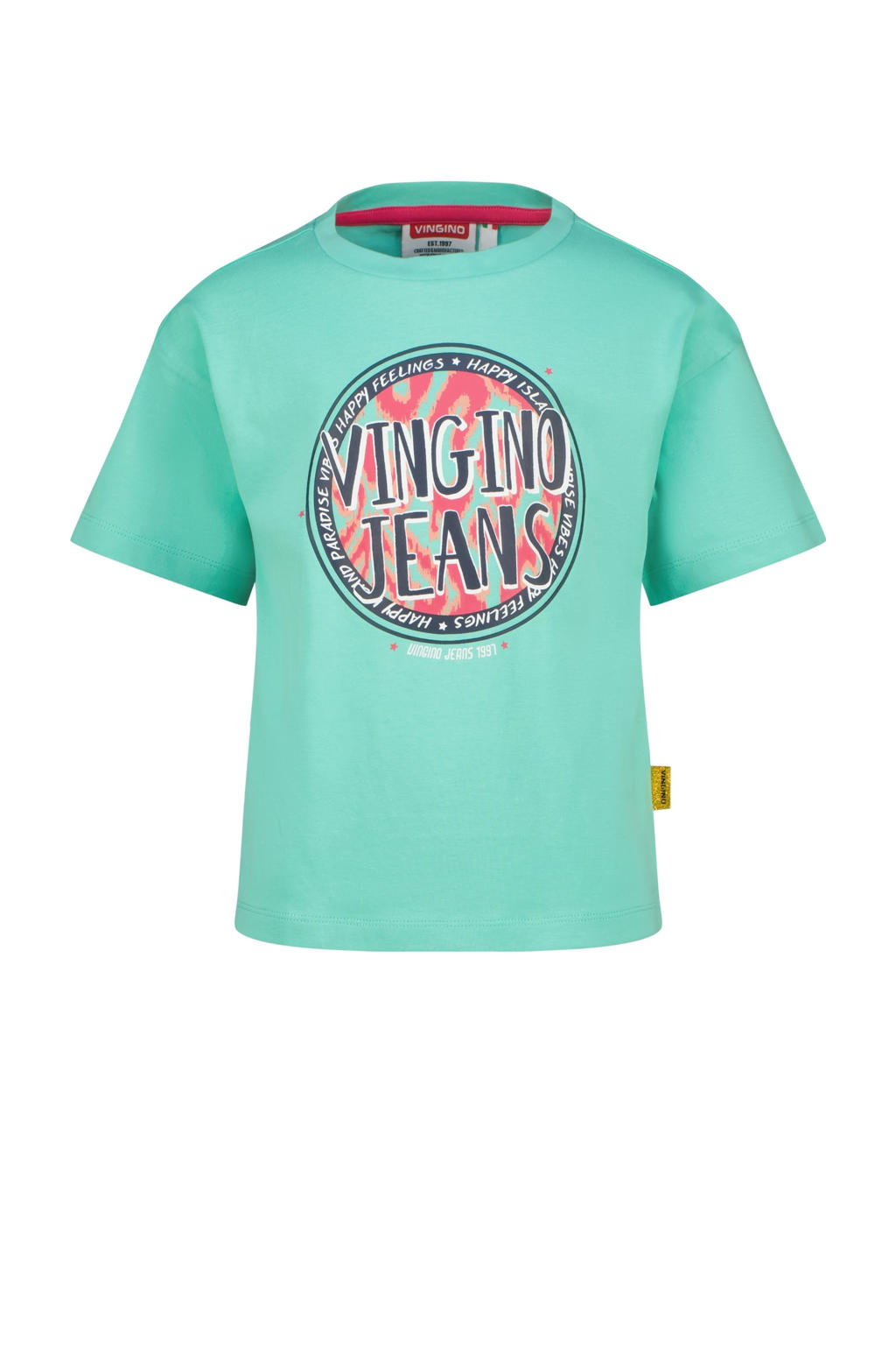 Turquoise meisjes Vingino T-shirt van katoen met printopdruk, korte mouwen en ronde hals