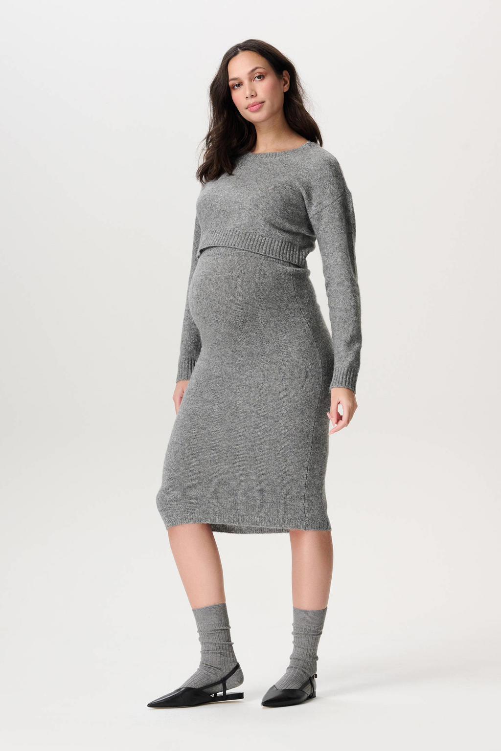 Grijze dames Noppies maternity zwangerschaps trui fijn gebreid van polyester met effen, lange mouwen en ronde hals