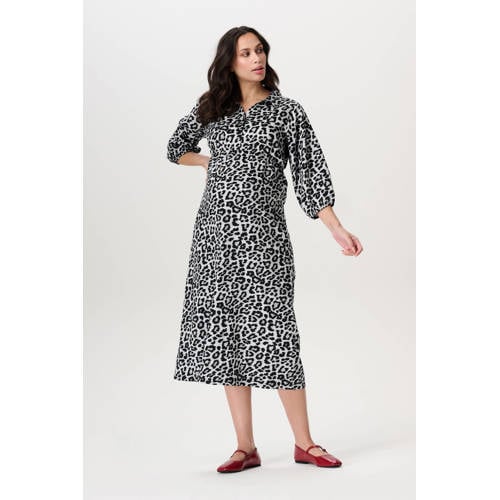 Noppies maternity zwangerschaps midi jurk met panterprint grijs Dames Katoen V-hals - maat XL afbeelding