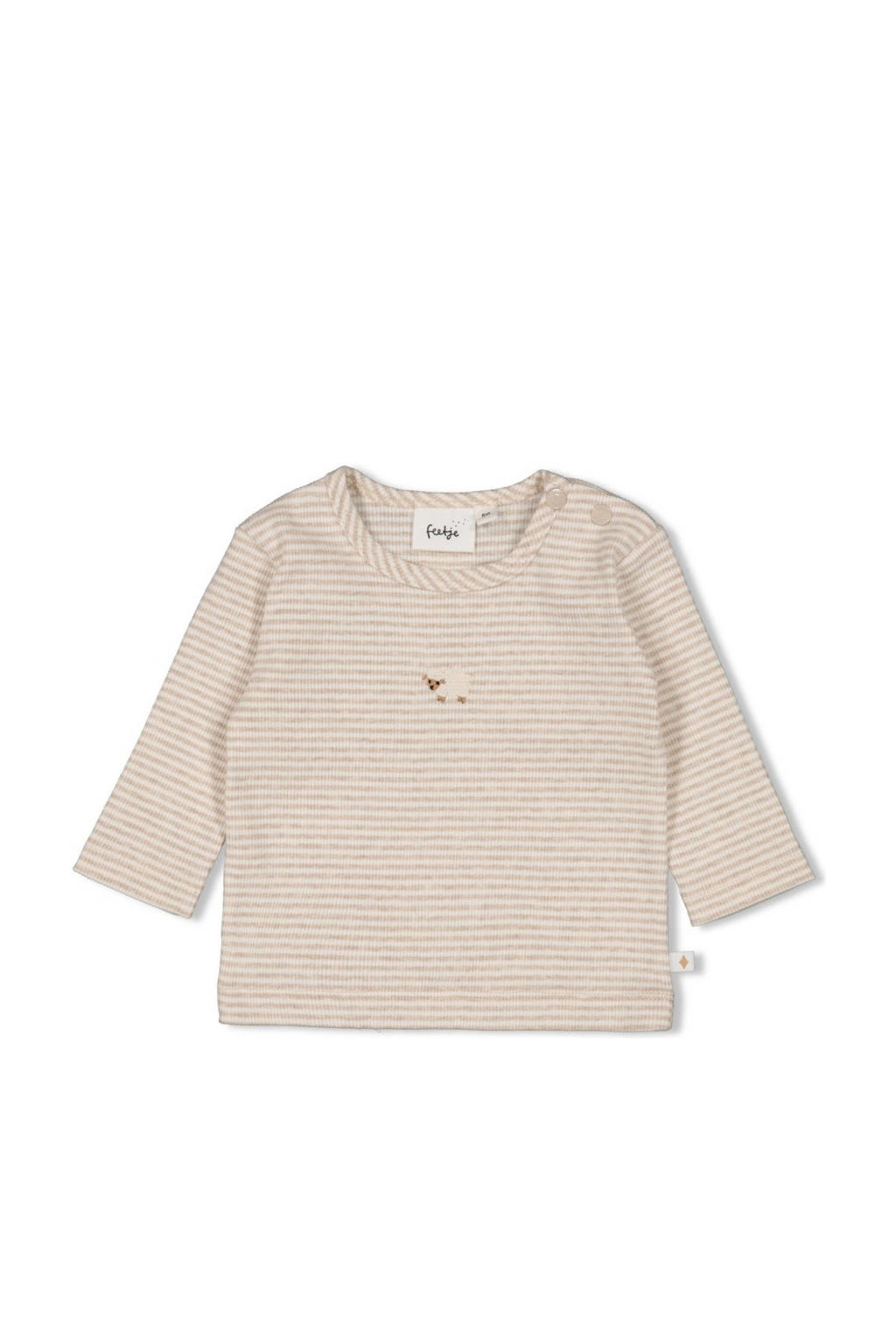 Beige jongens Feetje longsleeve van katoen met strepenprint, lange mouwen, ronde hals en drukknoopsluiting