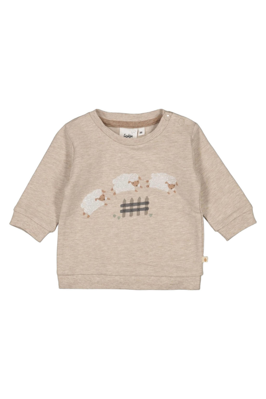 Beige jongens Feetje sweater van katoen met printopdruk, lange mouwen, ronde hals en drukknoopsluiting