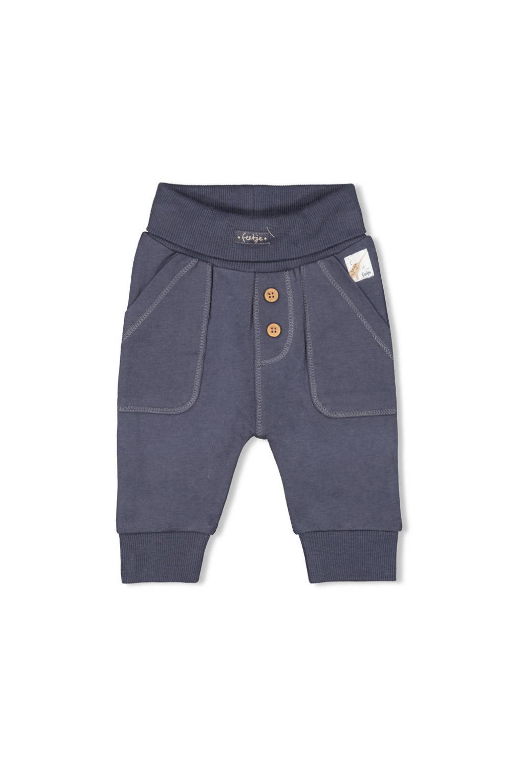 Blauwe jongens Feetje regular babybroek Narwal van katoen met elastische tailleband en effen