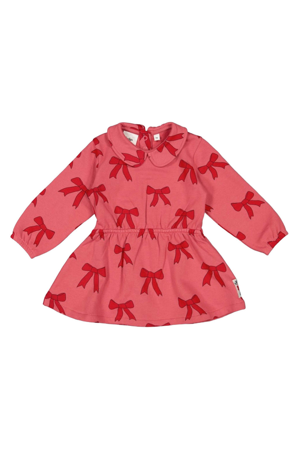 Roze meisjes Feetje jurk Queen of Hearts van katoen met lange mouwen, klassieke kraag en drukknoopsluiting