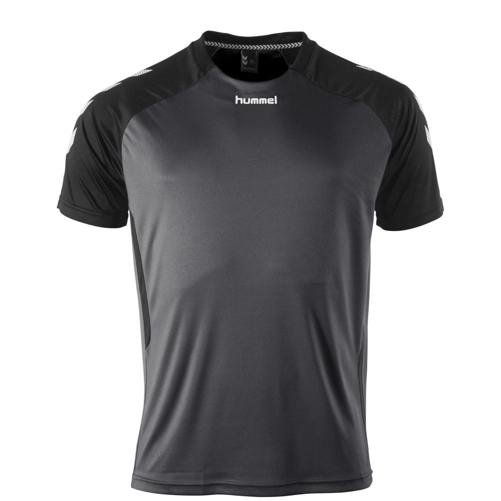 Grijs en zwarte jongens en meisjes hummel sportshirt van polyester met korte mouwen en ronde hals