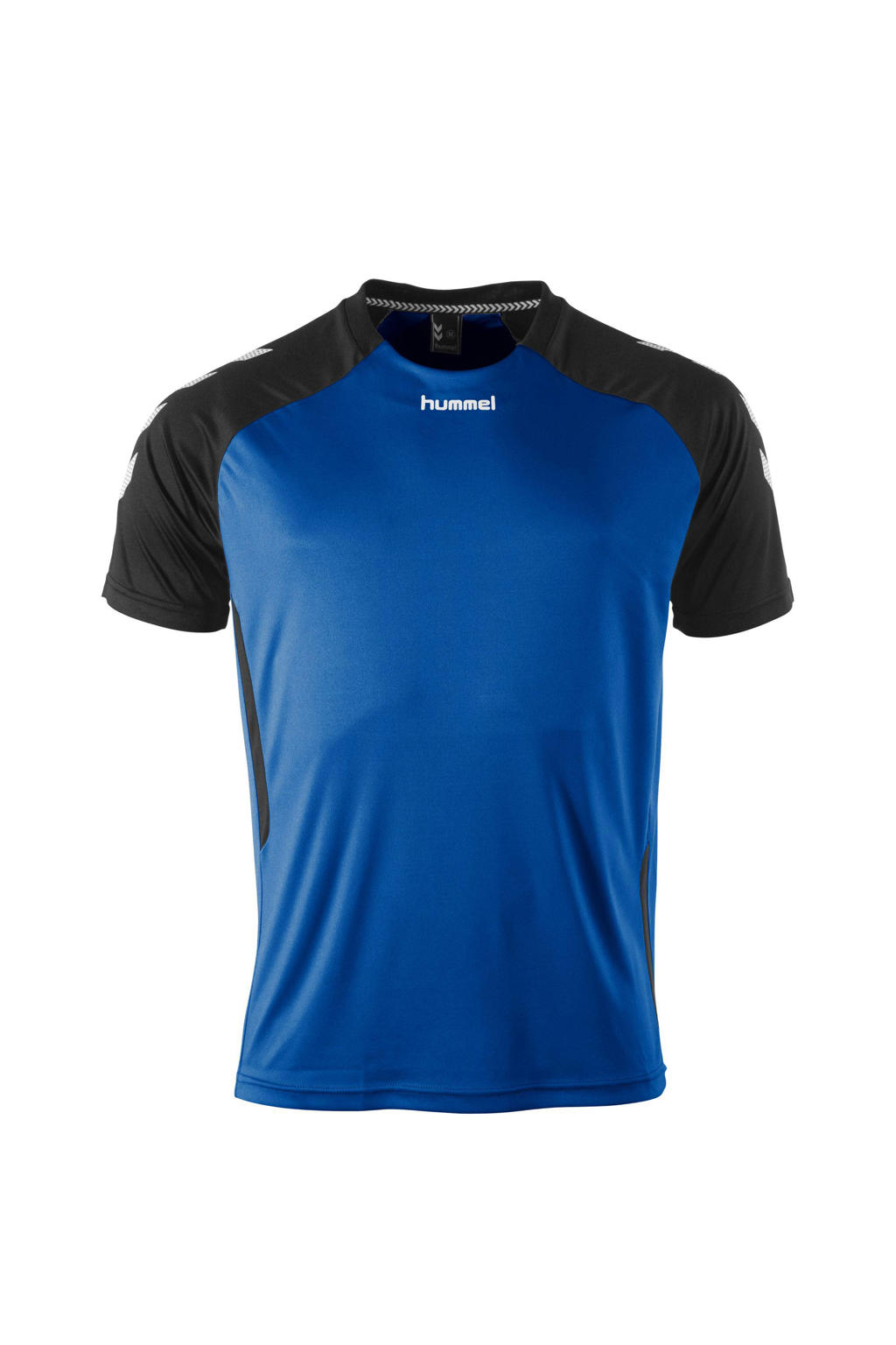 Blauw en zwarte jongens en meisjes hummel sportshirt van polyester met korte mouwen en ronde hals