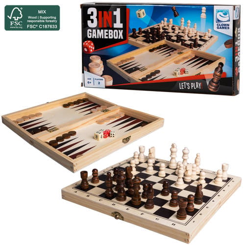 Clown Games 3-In-1 Spellendoos Hout FSC Bordspel | Bordspel van Clown Games afbeelding