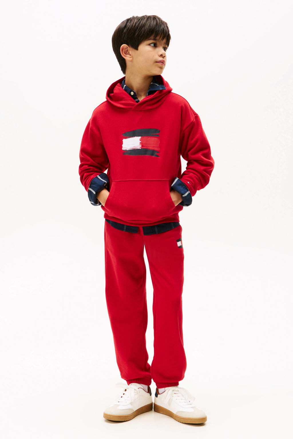 Rode jongens Tommy Hilfiger hoodie van katoen met logo dessin, lange mouwen en capuchon
