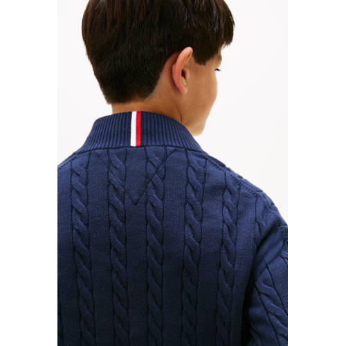 Tommy Hilfiger gebreide trui donkerblauw met kabels Jongens Katoen Opstaande kraag