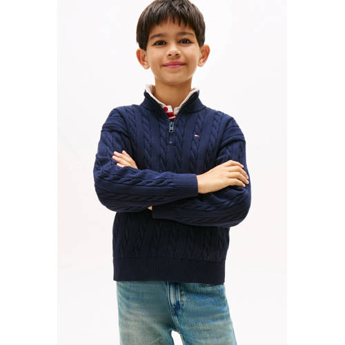 Tommy Hilfiger gebreide trui donkerblauw met kabels Jongens Katoen Opstaande kraag