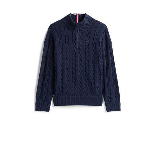 Tommy Hilfiger gebreide trui donkerblauw met kabels Jongens Katoen Opstaande kraag - maat 152 afbeelding