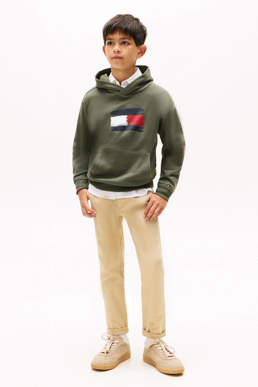 Donkergroene jongens Tommy Hilfiger hoodie van katoen met logo dessin, lange mouwen en capuchon