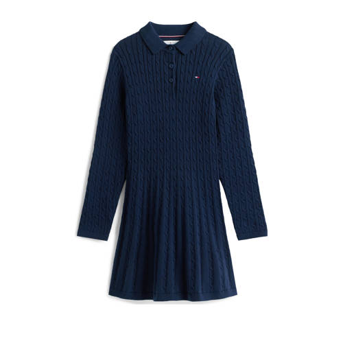 Tommy Hilfiger midi jurk met kabels donkerblauw Meisjes Katoen Klassieke kraag