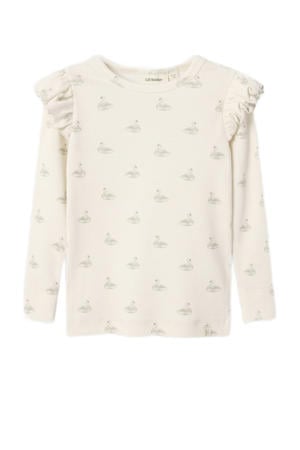 aansluitend longsleeve met ruches en print - ecru