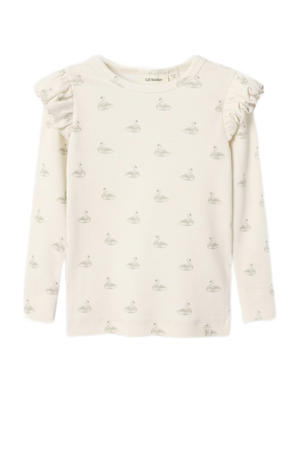 aansluitend longsleeve met ruches en print - ecru
