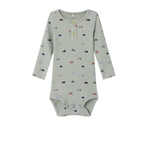 NAME IT BABY romper grijs Jongens Stretchkatoen Ronde hals All over print