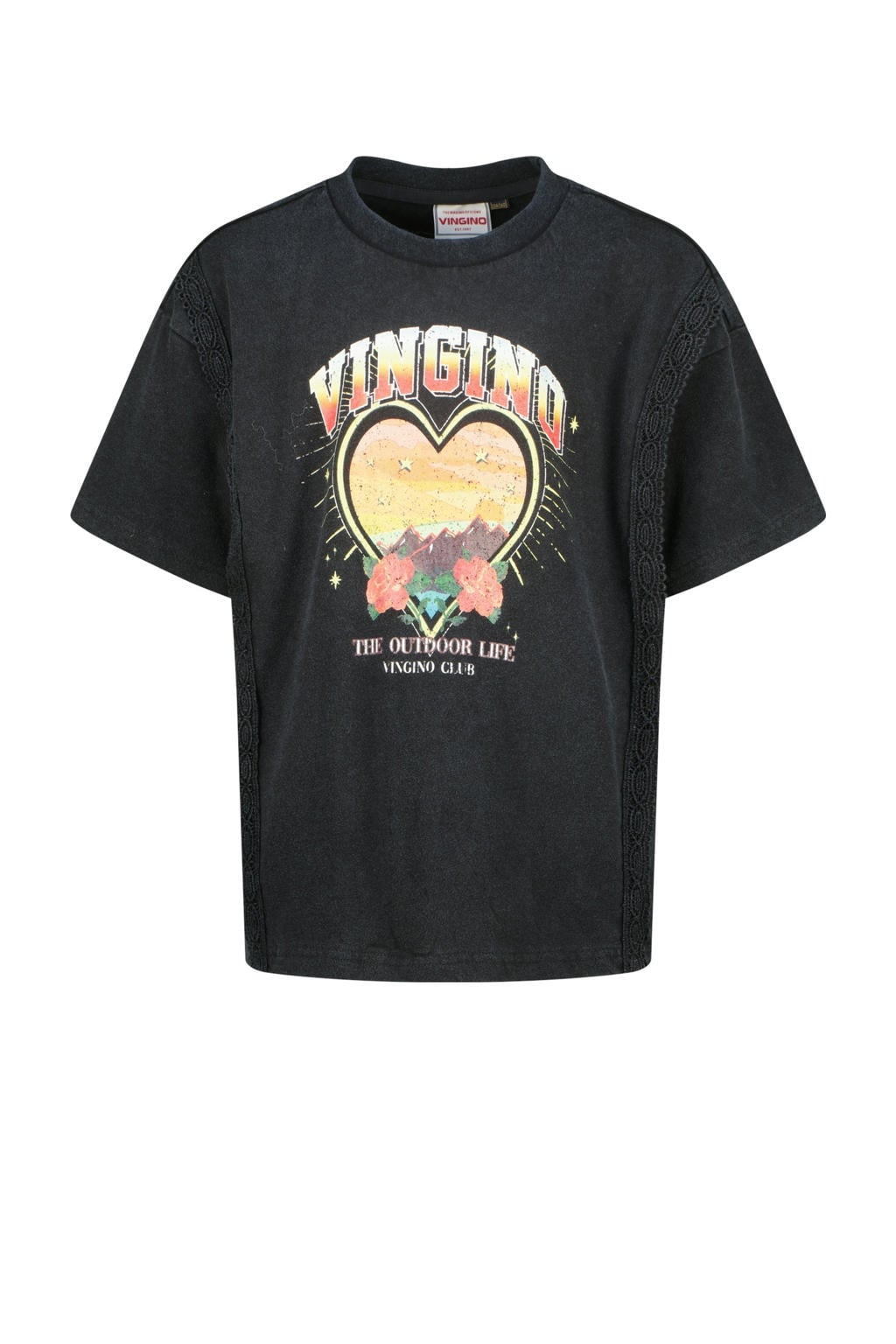 Zwarte meisjes Vingino T-shirt van katoen met printopdruk, korte mouwen en ronde hals