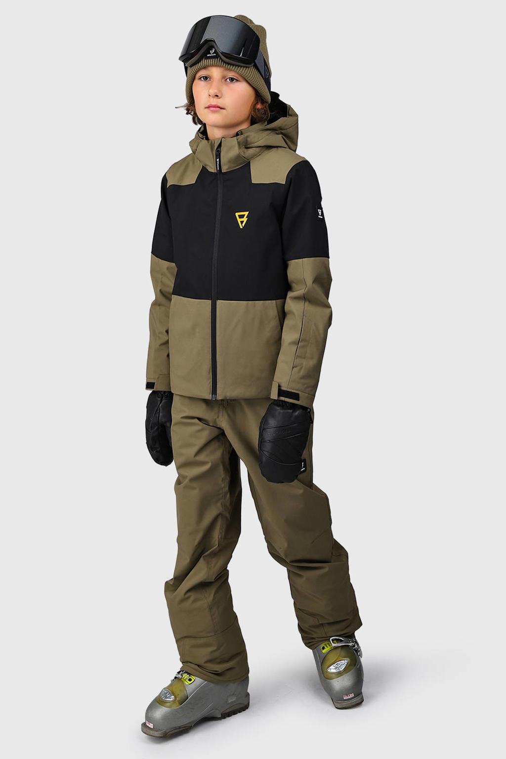 Olijfgroen en zwarte jongens en meisjes Brunotti ski jas Strokersy van polyester met capuchon en ritssluiting