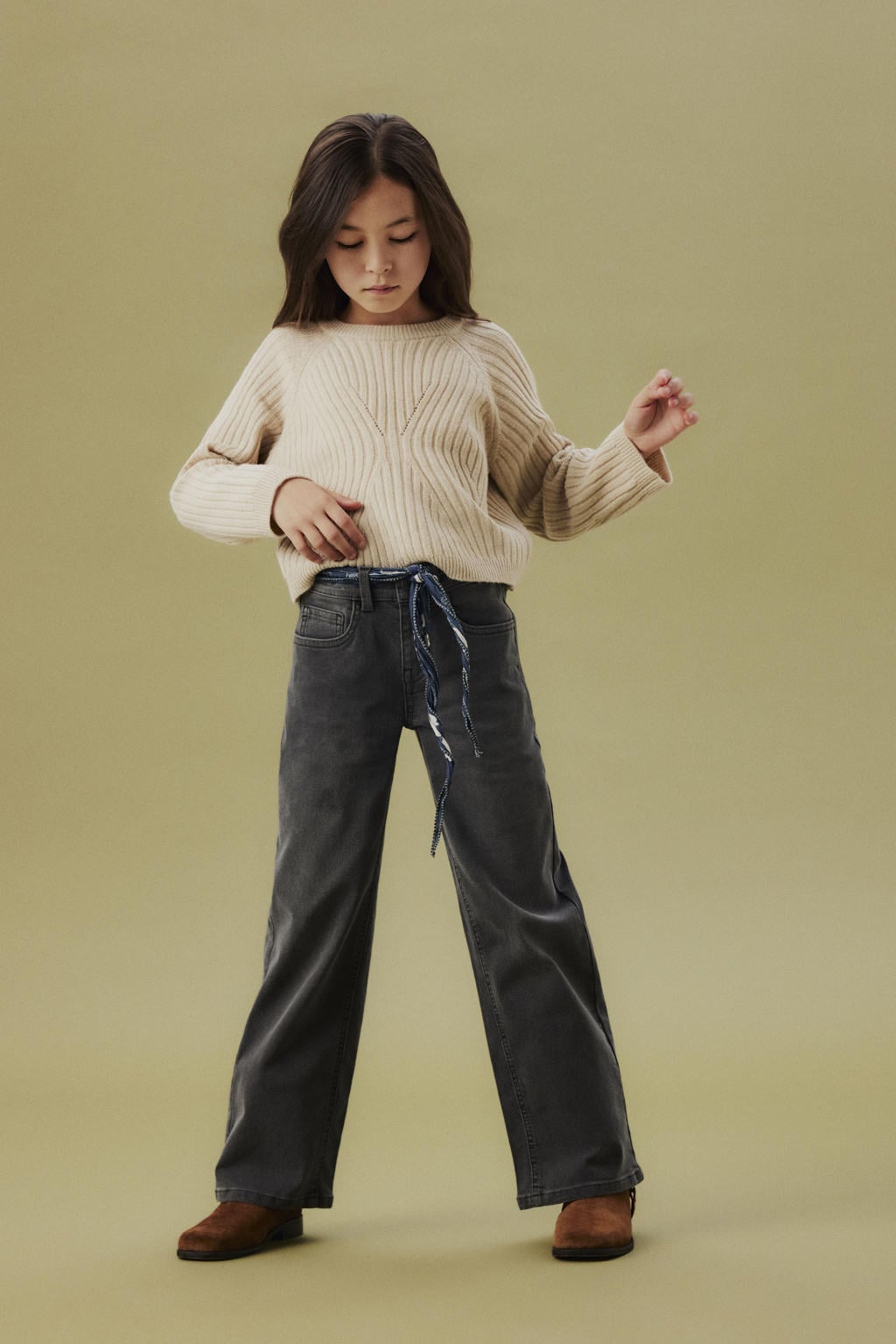 Grey denim meisjes NAME IT KIDS wide leg jeans van denim met rits- en haaksluiting en effen
