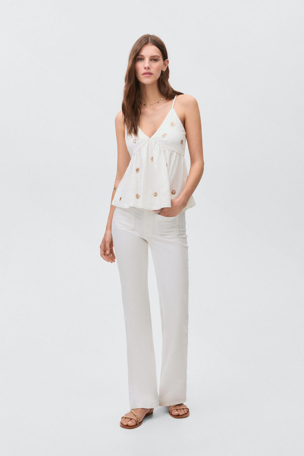 Ecru en gouden meisjes MANGO TEEN mouwloze top met effen, V-hals en pailletten