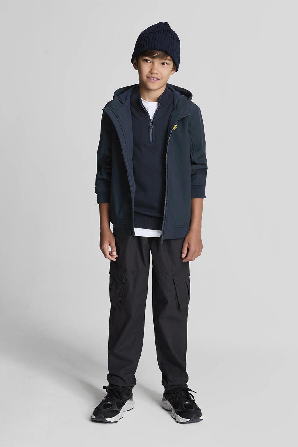 Donkerblauwe jongens Lyle & Scott softshell jas van polyester met effen, lange mouwen, capuchon en ritssluiting
