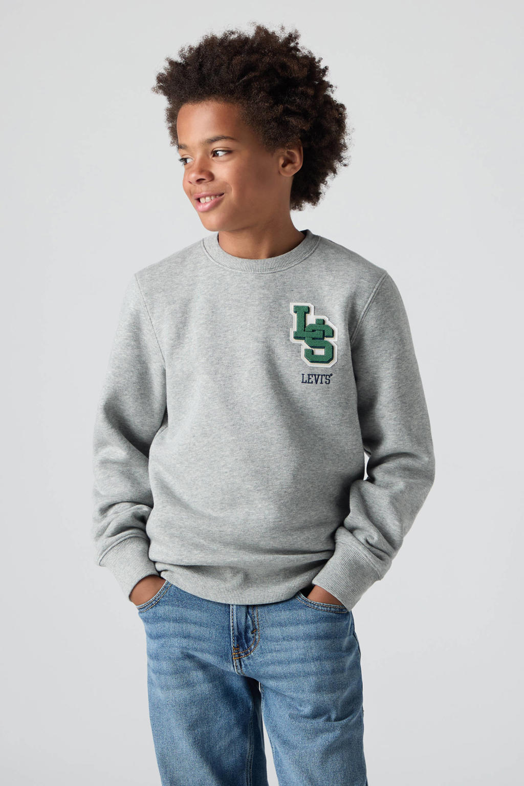 Grijze jongens Levi's sweater van katoen met logo dessin, lange mouwen, ronde hals en 3D applicatie