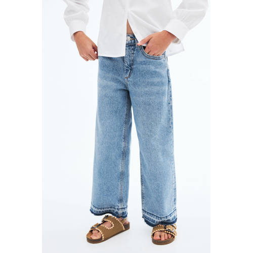 Mango Kids wide leg jeans medium blue denim Blauw Effen - maat 140 afbeelding