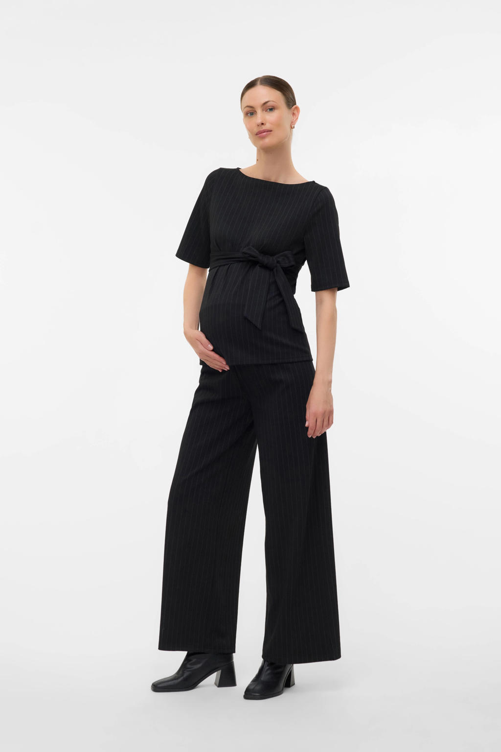Zwart en grijze dames MAMALICIOUS wide leg high waist zwangerschaps broek met krijtstreepprint